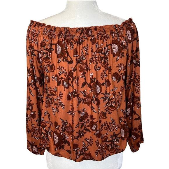 Aura The Label Smocked Off Shoulder Floral Top S Rayon Boho Indie Cottagecore - Picture 5 of 8